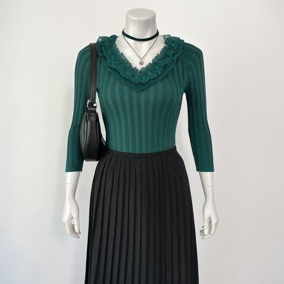 Vintage Evie Silk Ribbed Top Medium Victorian Green Lace Collar Holiday - Picture 13 of 13